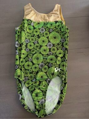 GK Green Burst Floral Leotard with Gold - Size CL